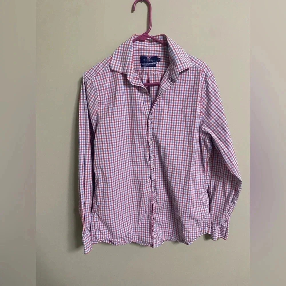 Vineyard Vines Shirt Mens Medium Blue White Button Up Long Sleeves Plaid Burgee